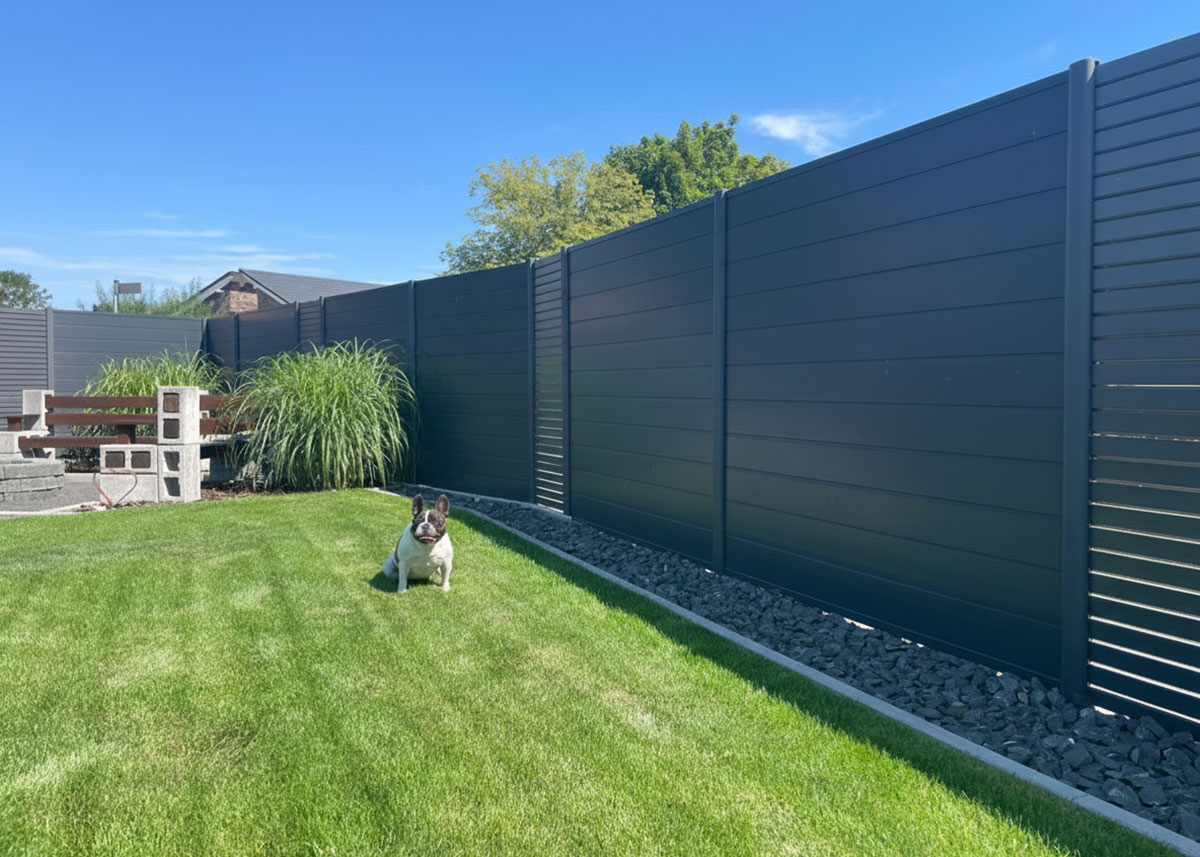 Grauer PVC-Sichtschutz mit Rhombus-Elementen in Anthrazit im modernen Garten 