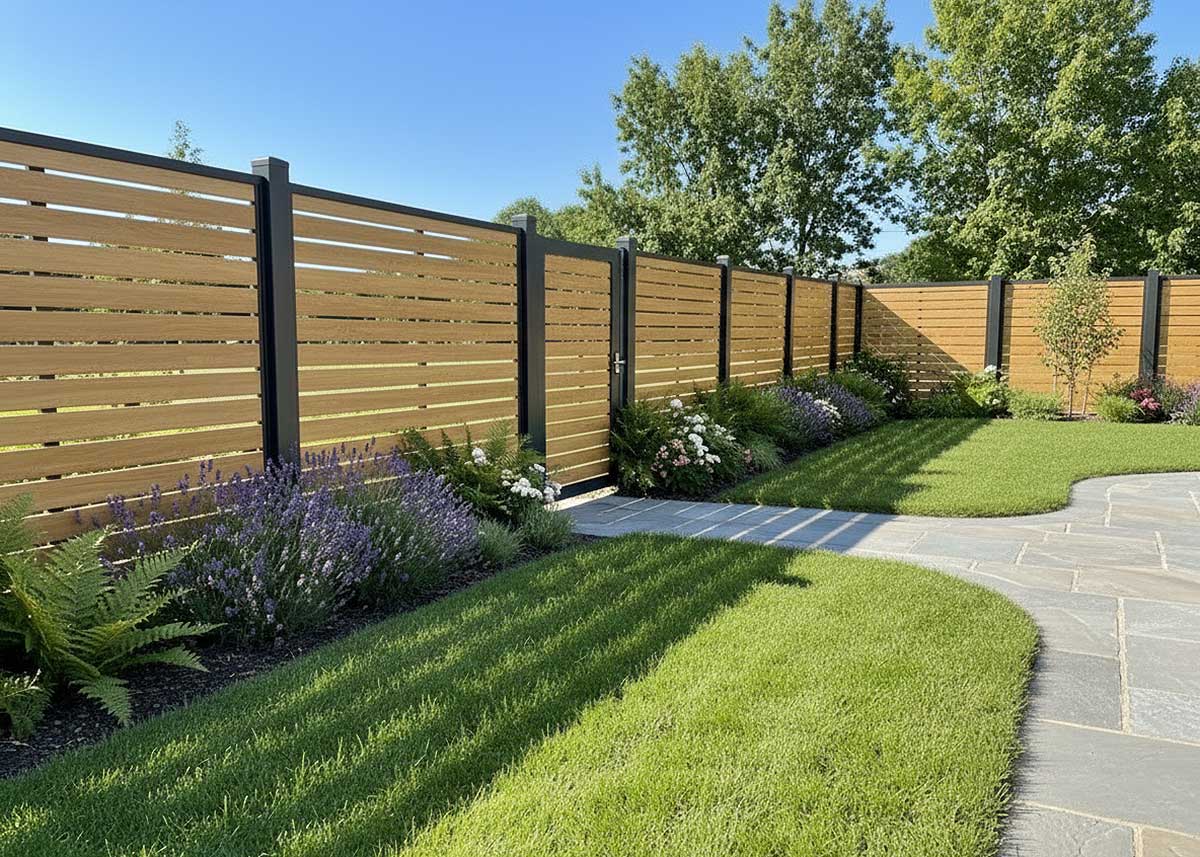 PVC Spaltsichtschutz in heller Holzoptik für moderne, ruhige Gartenbilder