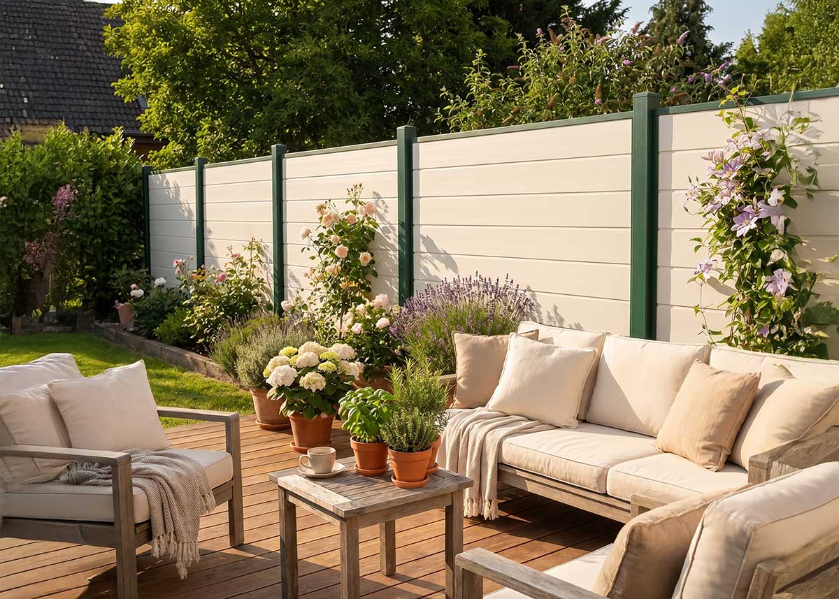 Sichtschutz in Weiß und Moosgrün für helle Terrassen und entspannte Gartenräume
