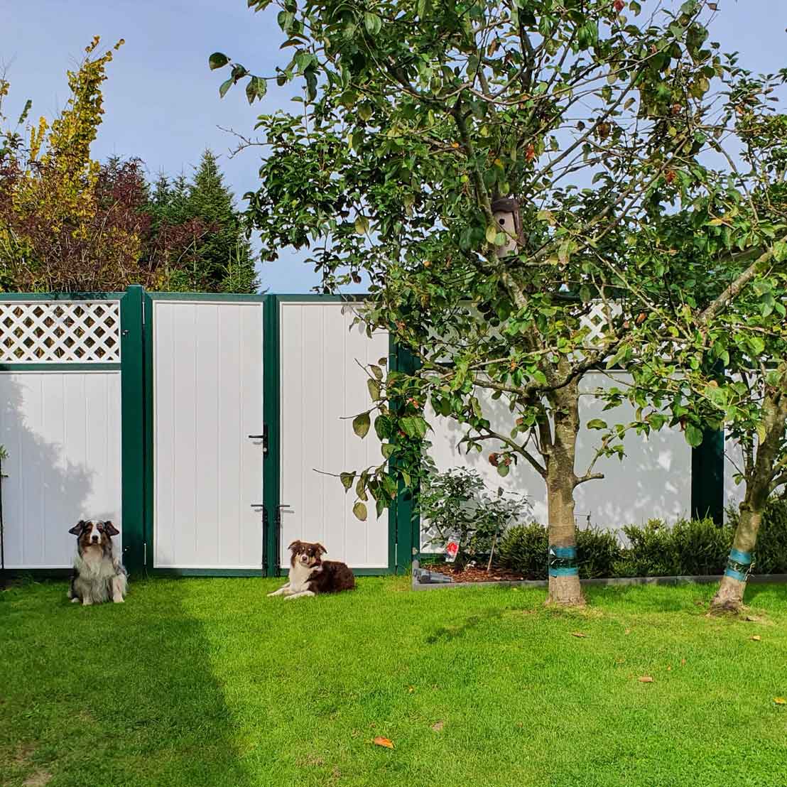 Sichtschutzzaun in weiß moosgrün aus Kunststoff im Garten mit Sichtschutztür Doppeltür