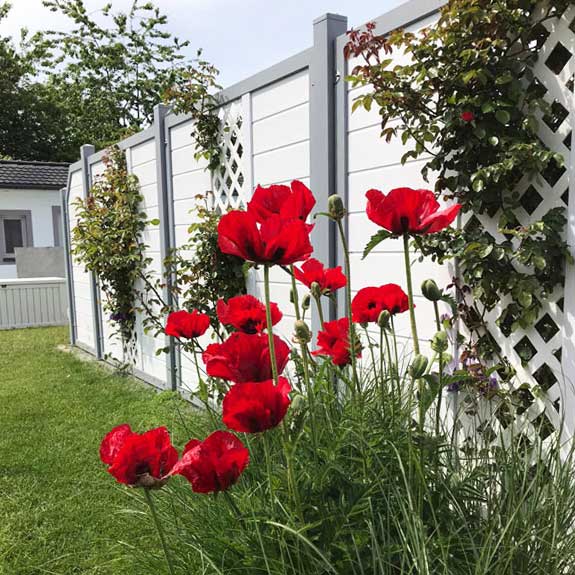 Sichtschutzzaun mit vertikalen mittigen Rankgitter in Weiß und Grau im Garten aus Kunststoff