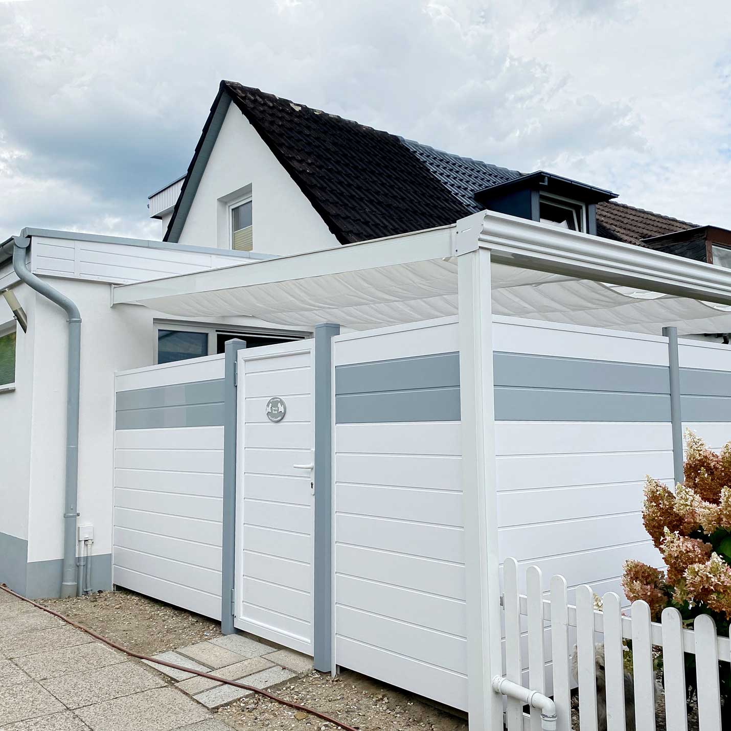 Sichtschutz Überdachung Carport Kunststoff Weiß Grau PVC Terrasse Tür