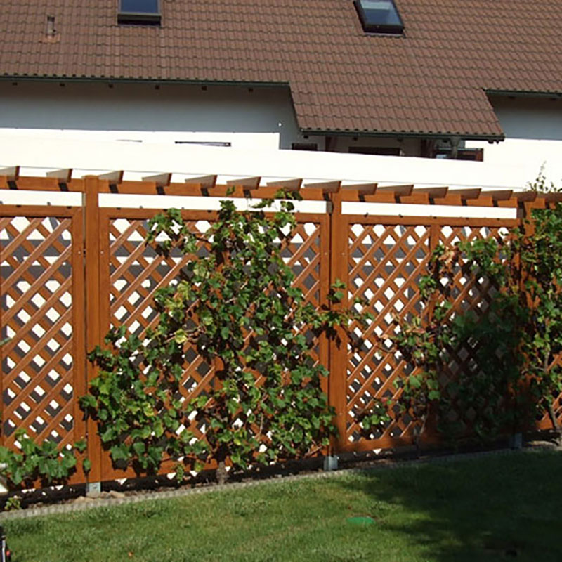 Sichtschutzzaun aus Kunststoff PVC  in Golden Oak Holzoptik als Rankgitterelement für den Garten, nie mehr streichen