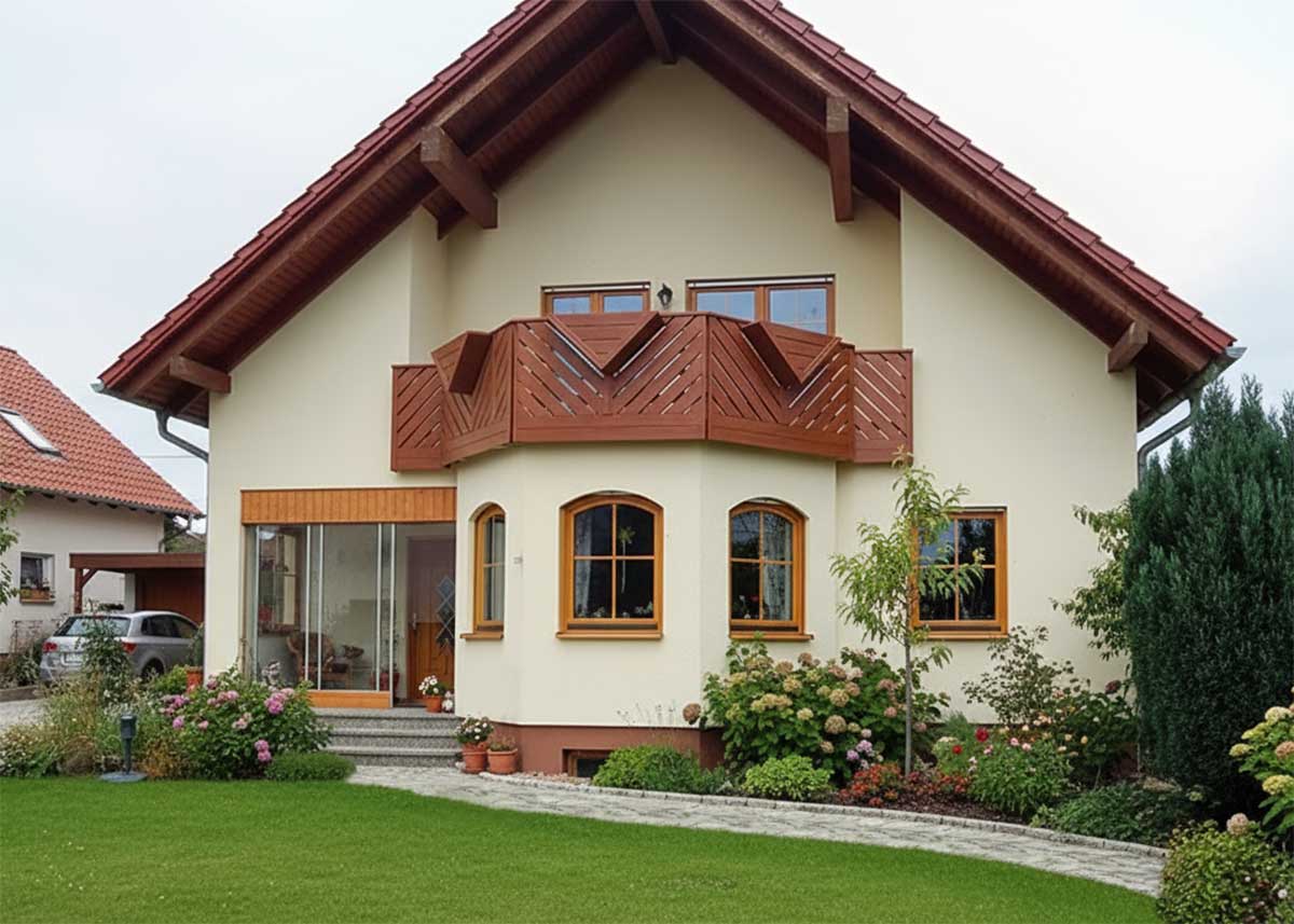 Balkon in Holzoptik mit Blumenkästen – diagonale Lattung mit Charakter