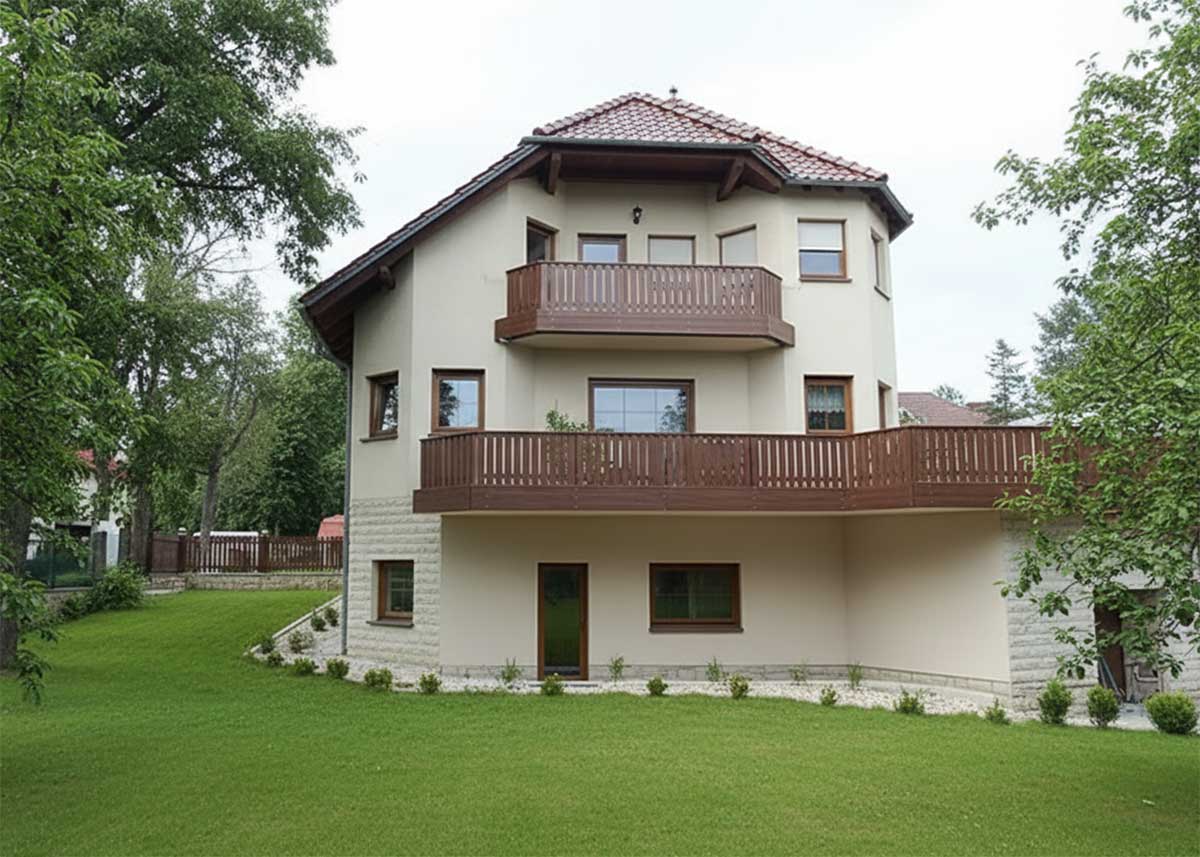 Zwei Balkone, ein Look – Kunststoff in Nussbaum-Holzoptik