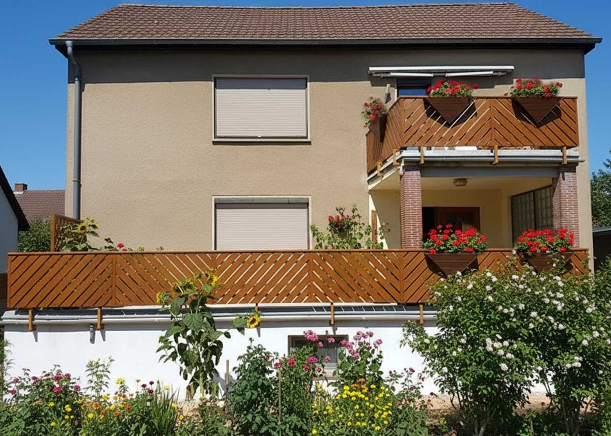 Balkon- und Terrassengeländer aus Kunststoff in Holzoptik mit Blumenkästen