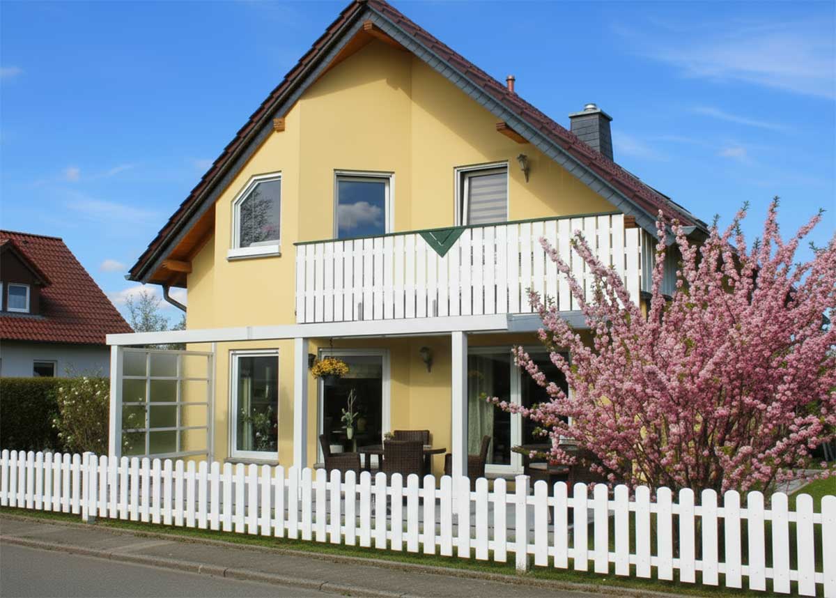 Haus mit Balkon- und Gartenzaun in Weiß – abgestimmte Gestaltungslinie
