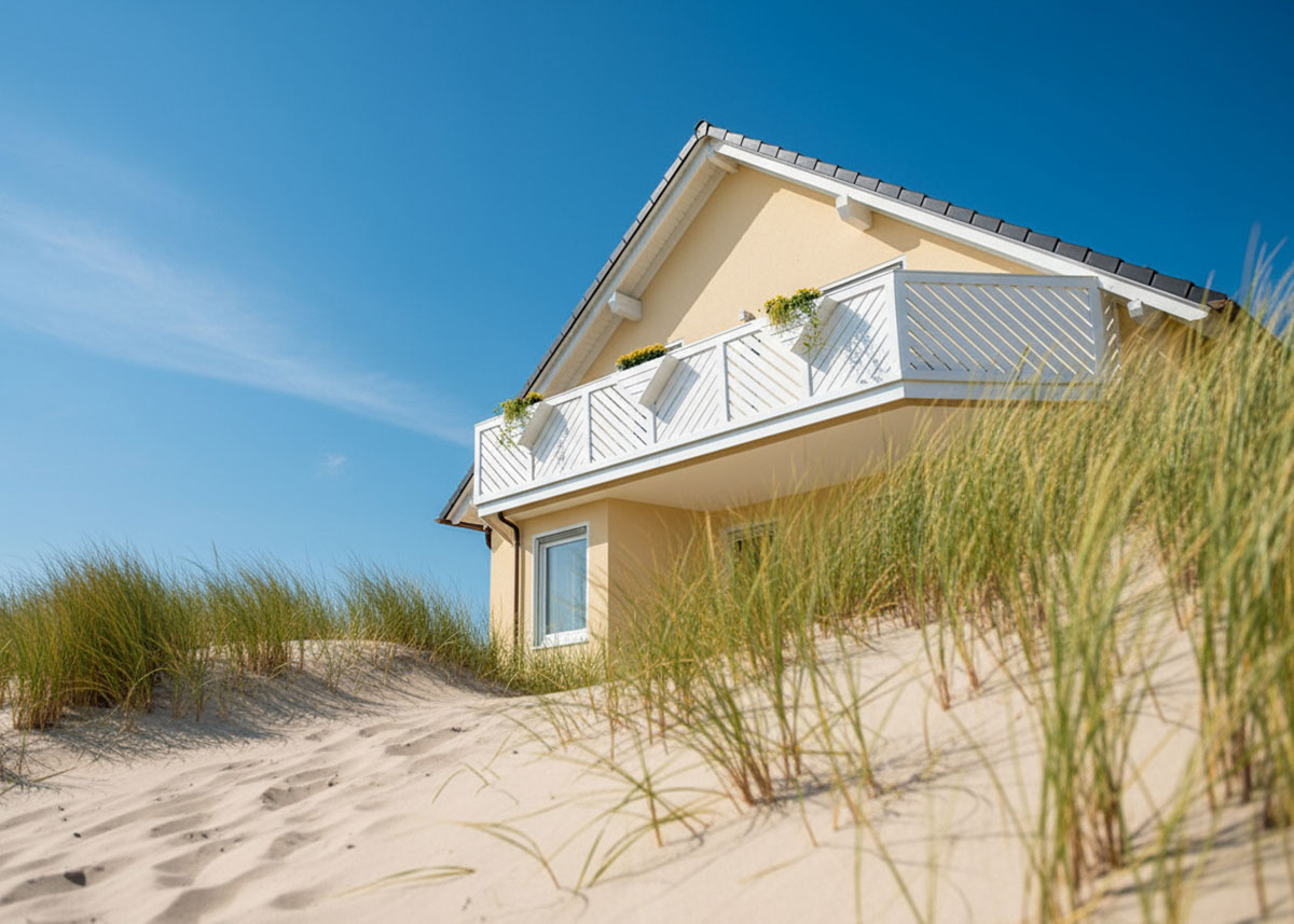 Balkongeländer in Weiß aus PVC Fensterkunststoff diagonale Verkleidung mit Blumenkästen am Meer