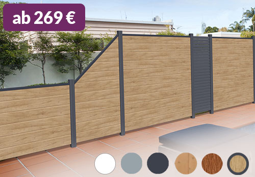 Sichtschutz aus Kunststoff PVC in Holzoptik Astfichte Rhombus Aluminium-Pfosten