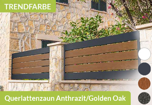 Querlattenzaun Spaltsichtschutz aus Kunststoff in Holzoptik Golden Oak und Anthrazit