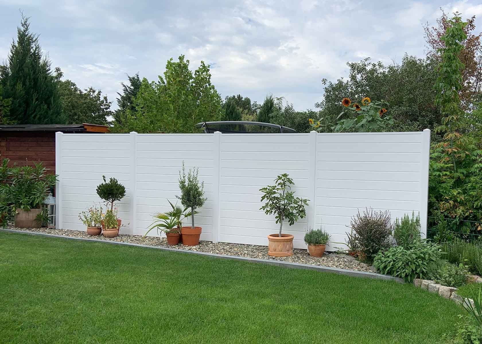 Sichtschutz aus Kunststoff in weiß im Garten dicht Sichtschutzwand
