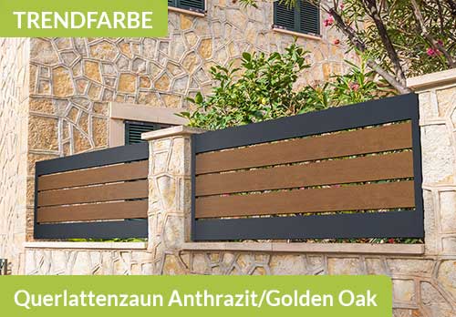 Querlattenzaun Spaltsichtschutz aus Kunststoff in Holzoptik Golden Oak und Anthrazit